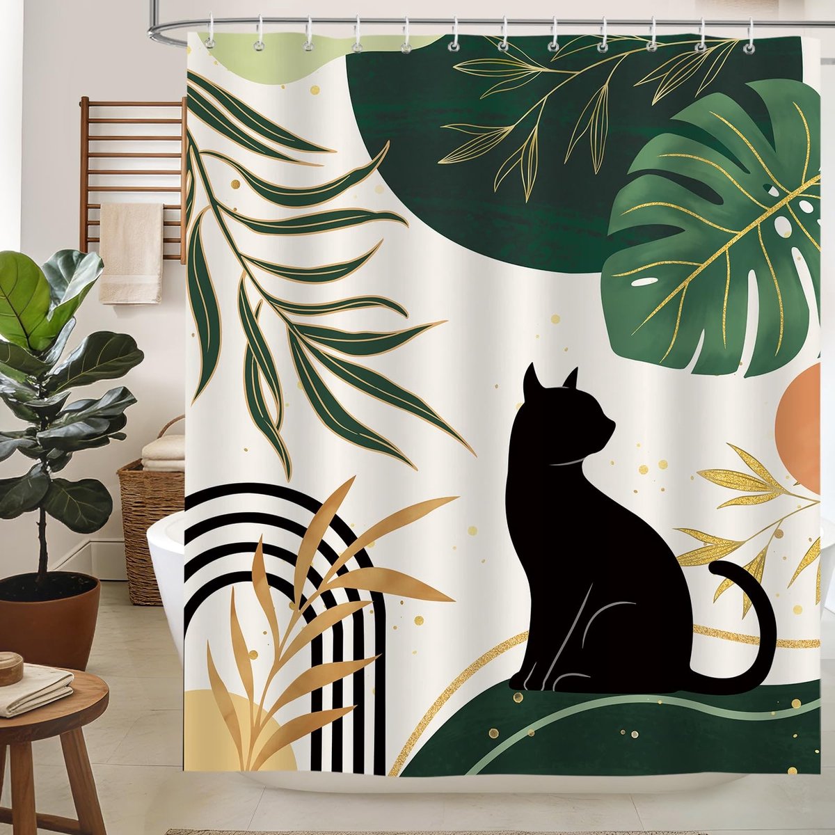 Omgoods - Douchegordijn met Zwarte Kat en Botanische Planten 182 x 180 cm