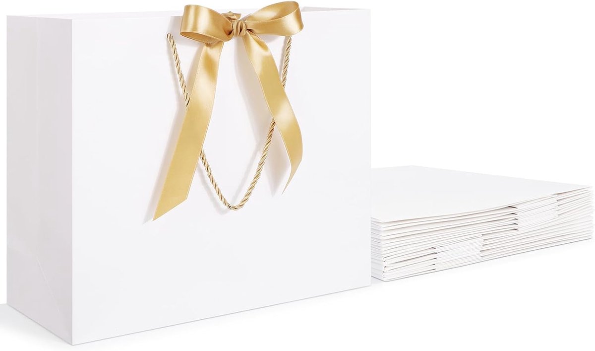 Cadeautas Witte - 10 Stuks Papieren Tassen met Handvat - 230GSM Gift Bags met Lint - 32x11.5x28cm L Cadeauzakjes Papieren Tassen Wit - Grote Cadeautassen Trouwfeest Verjaardag