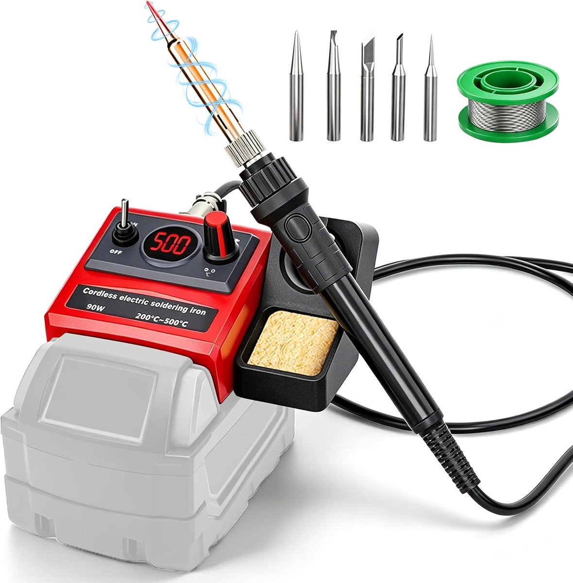 compatibel met Milwaukee 18 V-accu (zonder batterij), 90 W soldeerbout set met instelbare temperatuur van 200-500 °C, lcd-display, 5 soldeerpunten, soldeerdraadspoel, voor