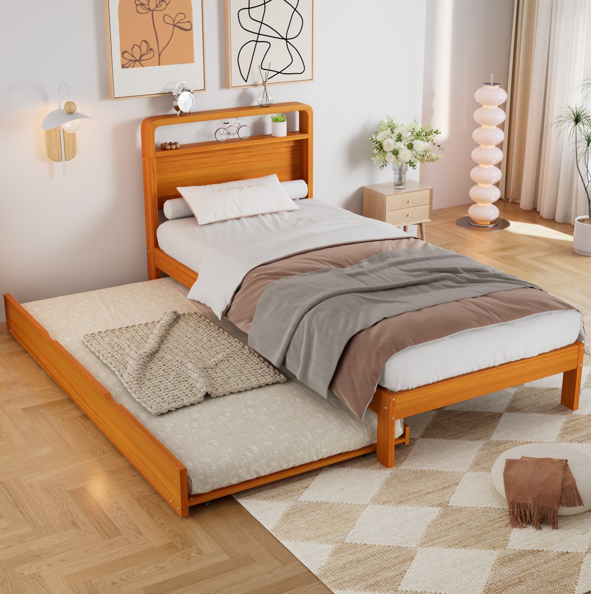 MIVRAY Houten Bed 90x200 cm Zonder Matras Met Uitrolbed 90x190 cm Eenpersoonsbed Voor Kinderkamer En Logeerkamer Naturel
