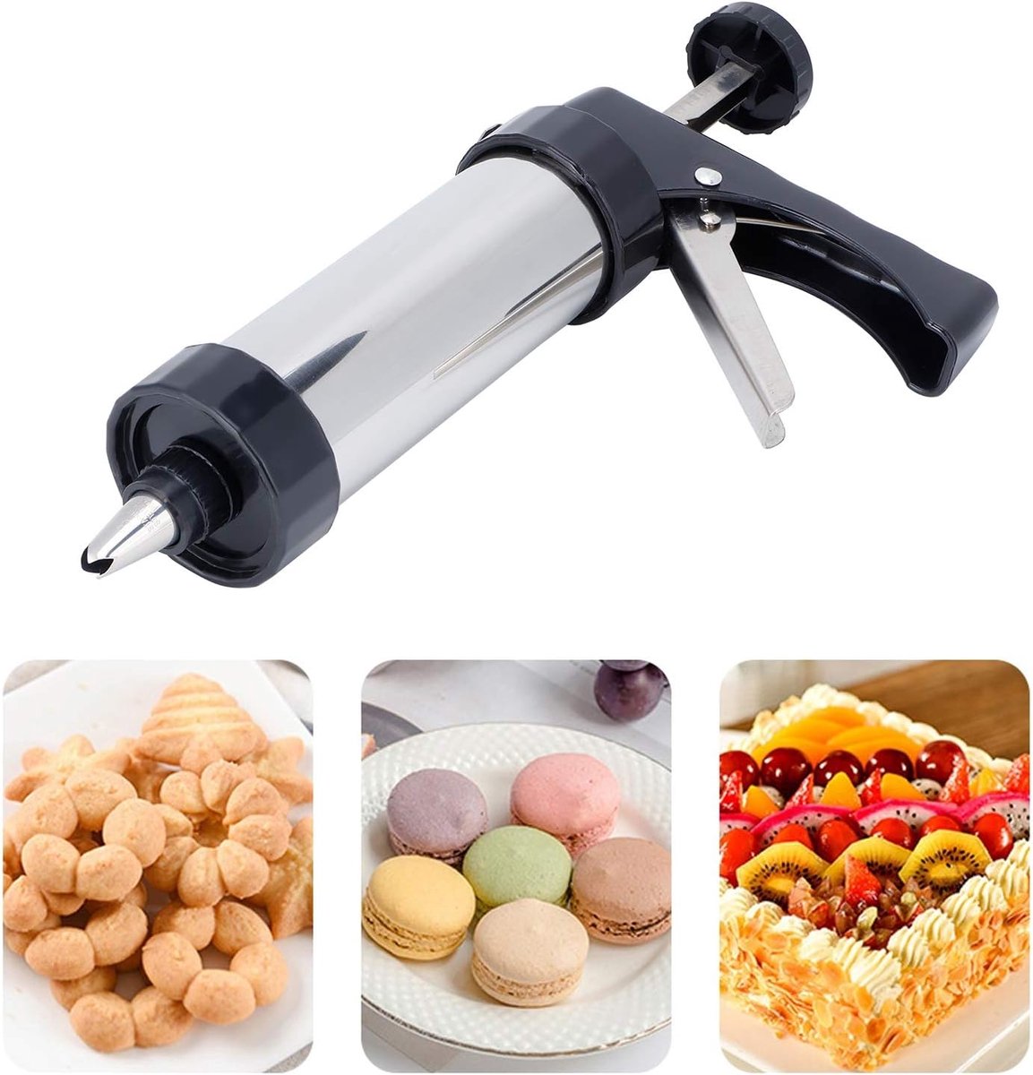 Spritz Koekjespers Pistool Kit 13 Schijven 8 Spuitpunten Glazuur, DIY Biscuit Cake Dessert Decoratie Maken