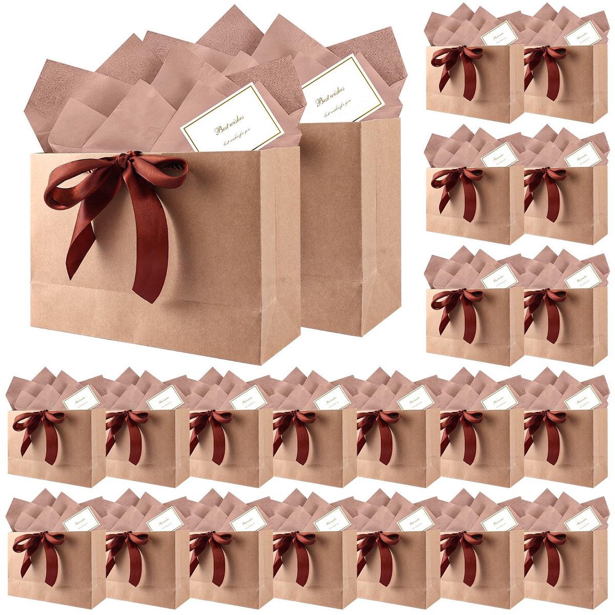 Omgoods- Cadeautasjes 20 Stuks - Bruin Kraftpapier - 28 x 20 x 10 cm - Geschenkzakjes met Handvat - Herbruikbaar - Inclusief 20 Kaarten en Zijdepapier