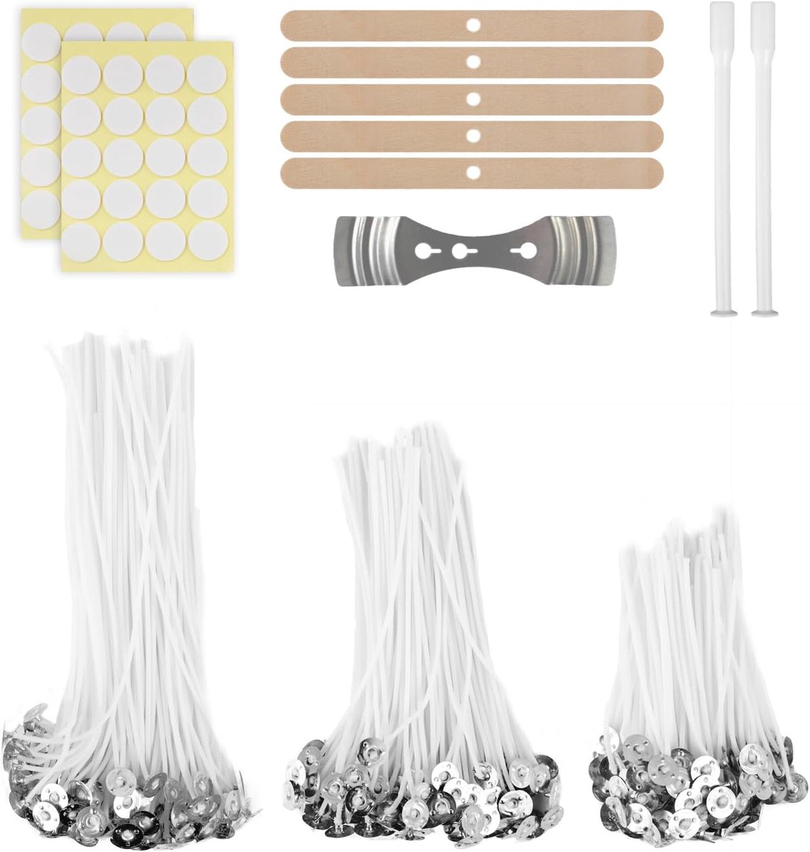 Lonten voor kaarsen, rookvrije kaarslont, drie lengtes van elk 100 stuks (10/15/20 cm), met houder en buisjes, lonten voor kaarsen, olielampen, aromatherapie