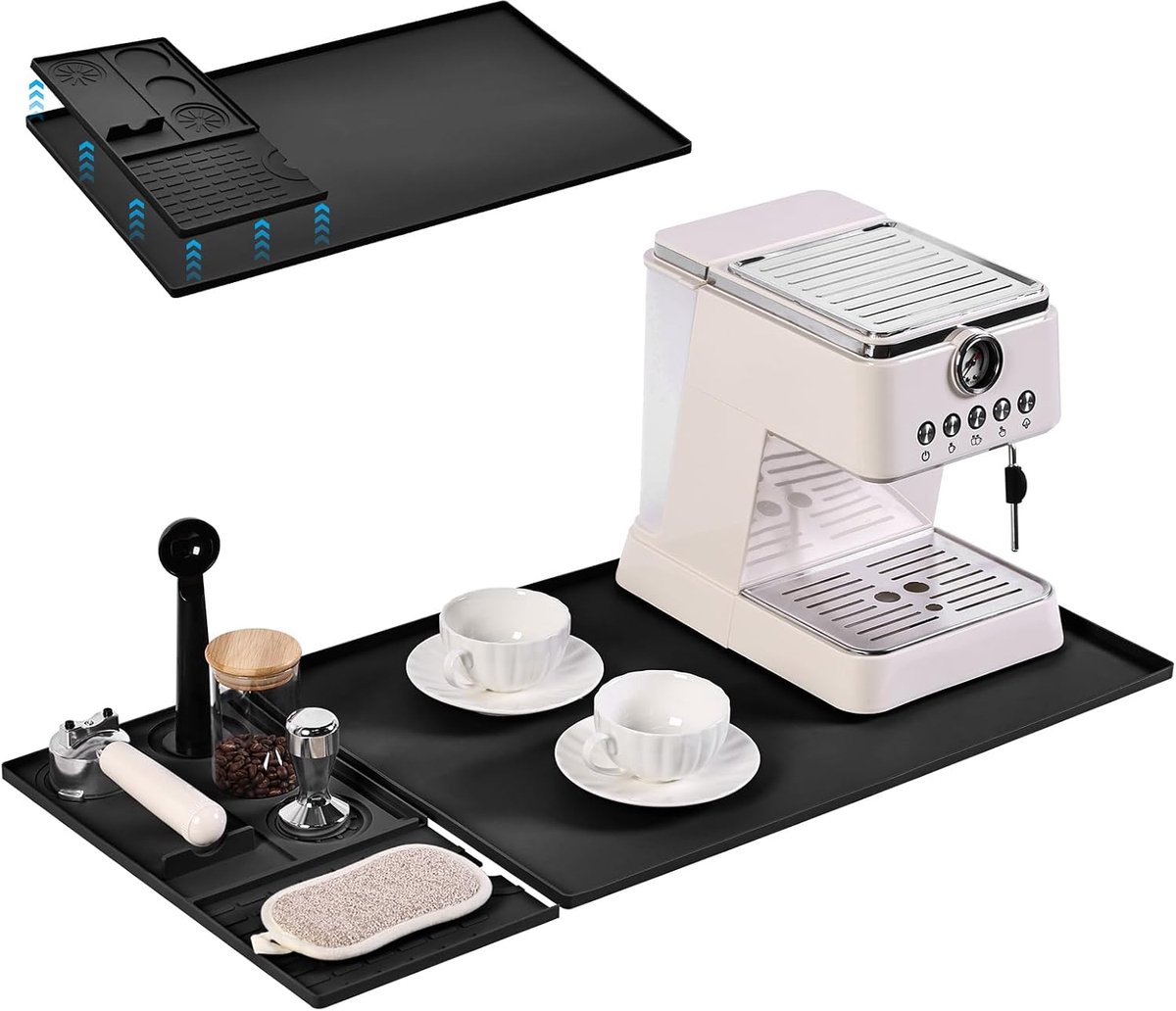 3-in-1 siliconen koffiematset, grote barmat met afneembare afdruip- en tamping-pad, hittebestendige antislip onderlegger voor espressomachines incl. reinigingsborstel (zwart, 40 x 60 en 20 x 40 cm)