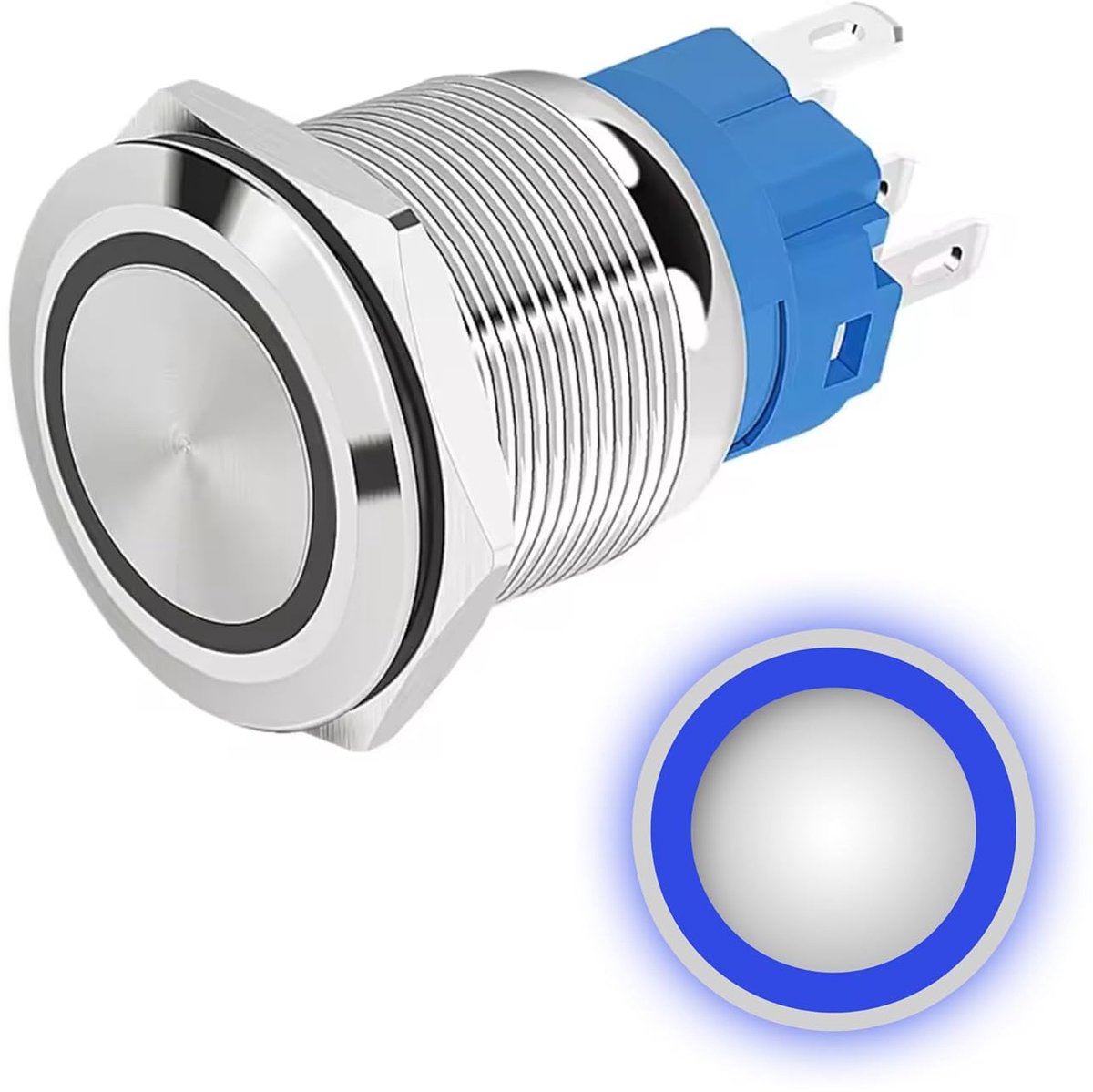 drukknop 12mm 12V-24V DC 3A, Blauwe Ring, LED-metalen lichtschakelaar, waterdicht met rubberen afdichting, voor elektrische voeding, elektronisch