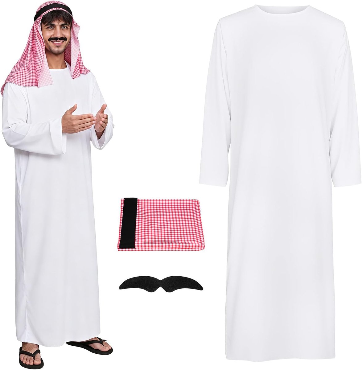 Kostuum Arabische sjechische set Tsjechisch kostuum heren met witte Arabische gewaad geruite hoofddoek bril en baard Sjikh Araber kostuum cosplay outfits carnavalskostuums Tsjechisch Arabo