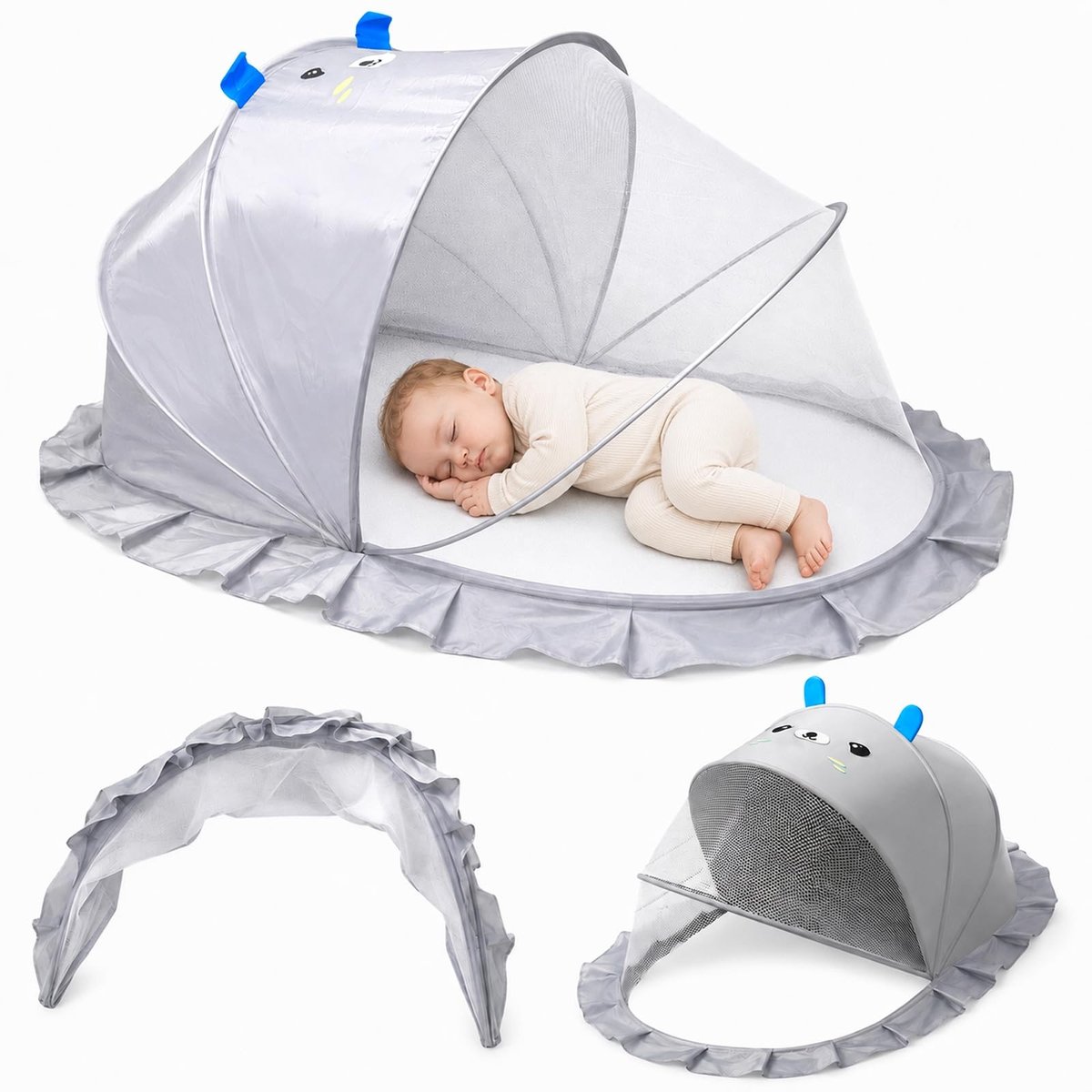 Omgoods - Muggennet voor baby's met patroon (grijs) - Opvouwbaar, universeel voor kinderbed 125 x 65 x 60 cm