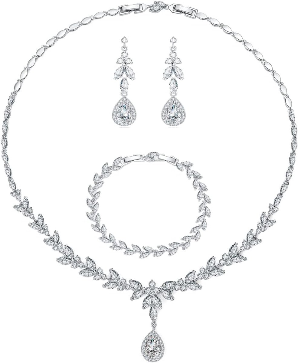 Sieradenset voor dames, zilveren bruidssieradenset, halsketting & oorbellen en armbandset, bloemensieradenset met 5A witte zirkonia, hypoallergeen, bruiloftssieraad voor bruidsmeisjes