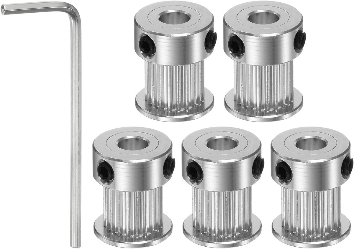 sourcing map 5 stuks 2GT riemschijf 20 tanden 5 mm boring 16 mm aluminium tandriem schijf met 2 mm zeskant steeksleutel voor 10 mm brede riem 3D-printer CNC machine accessoires zwart