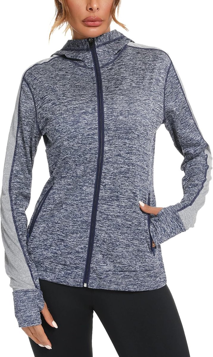 Hoodie met ritssluiting voor dames, sportjack, dames hoodies met lange mouwen, gymtops met capuchon voor vrouwen, hardloopjas, trainingsjas met zakken en duimgaten