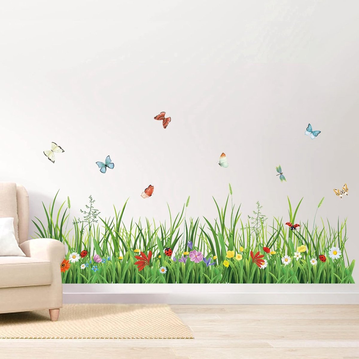 wondever Muursticker gras bloemenweide 132 x 40 cm (B x H) muursticker grassen groene rand muursticker wanddecoratie voor woonkamer slaapkamer