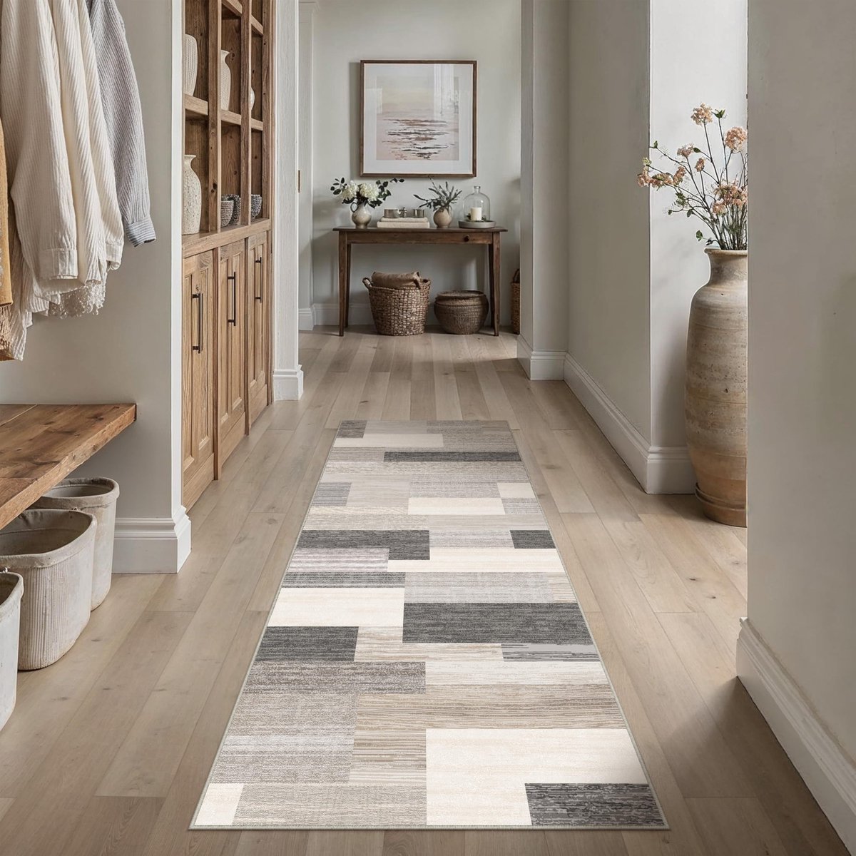 Omgoods - Corridor Vloerkleed 60 x 180 cm Beige met Geometrisch Patroon