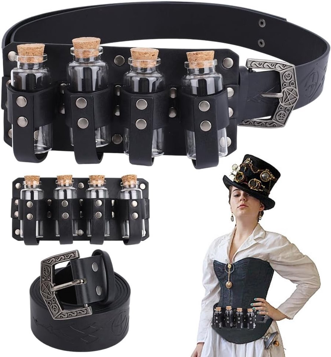 Omgoods- Riem Middeleeuws - Faux Lederen Riem - Verstelbare Riem - 4 Toverdrank Flesjes - Opbergtas - Duurzaam Kunstleer - Cosplay Riem