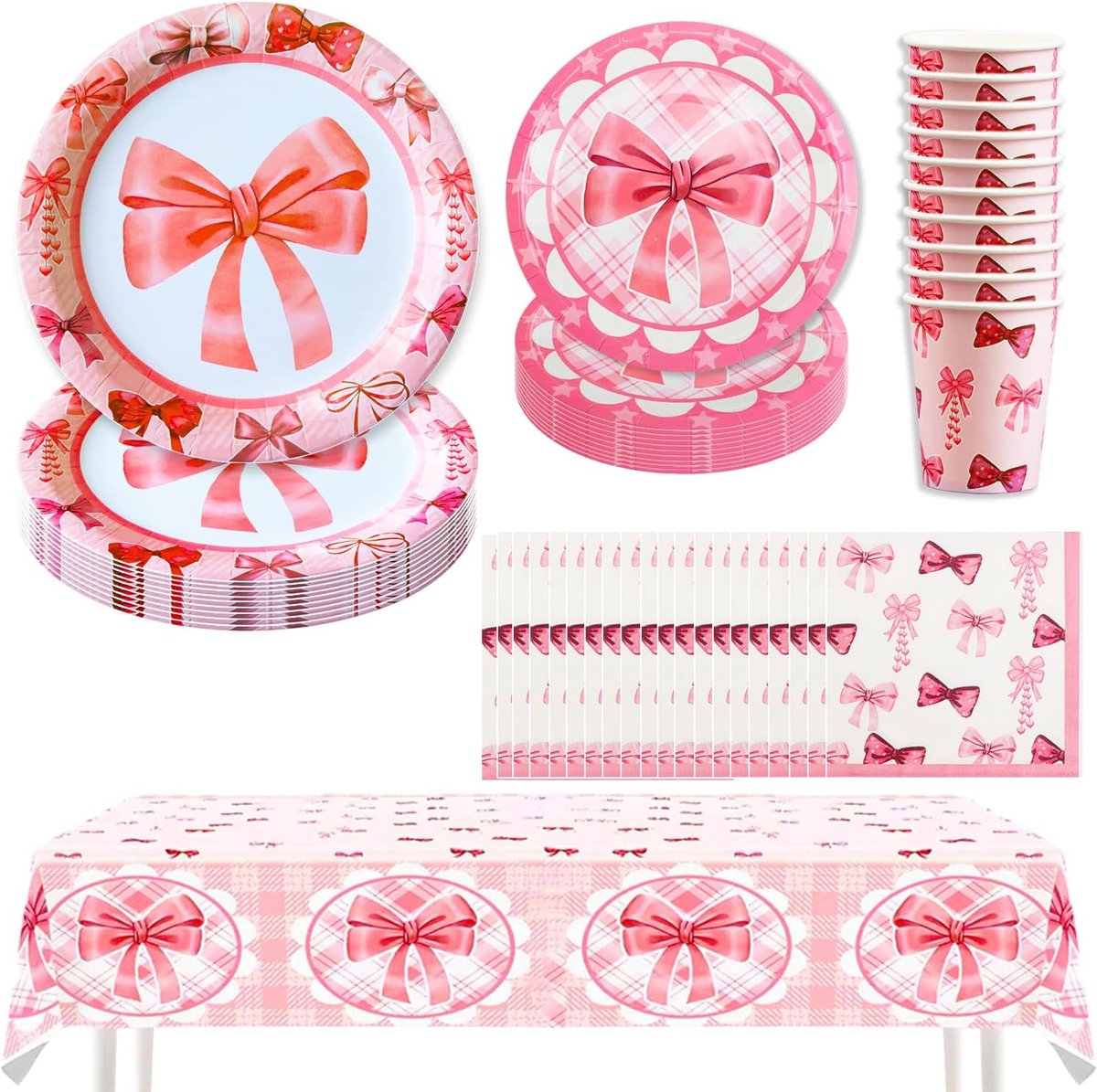 strik partyserviesset, 51-delig feestdecoratie, verjaardagsserviesset met papieren borden, bekers, servetten, tafelkleed, feestservies voor verloving, meisjes, babyshower, bruiloft
