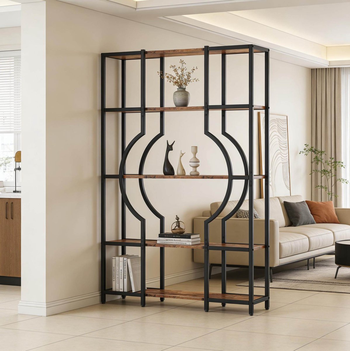 COVREO Boekenkast 104 x 30 x 169 cm zwart, MDF en metaal met 5 lagen