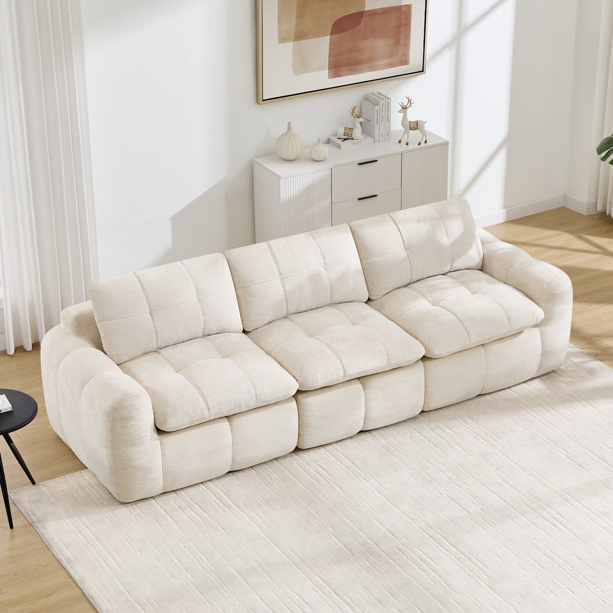 Modulaire 3-Zitsbank, 3-Zits Frameloze Modulaire Bank Met Ruitvormig Doorgestikt Patroon, Huidvriendelijke Chenille Bekleding, Ergonomische, Verdikte Zit- En Rugkussens, Comfortabel Om Langdurig Op Te Zitten, Geen Montage Nodig-Beige