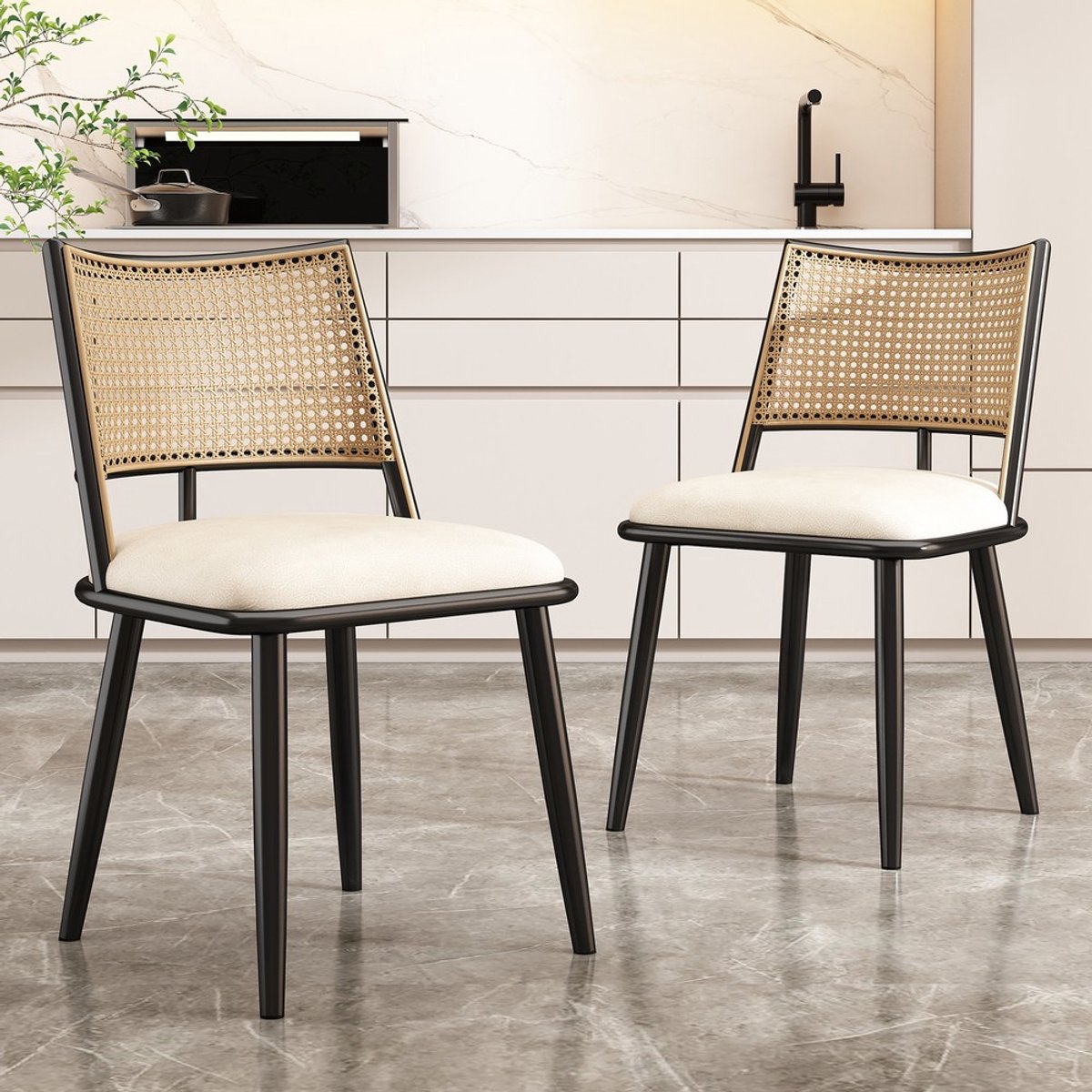 Pugsdrly 2 eetkamerstoelen, PU-zitting, rotan rugleuning, woonkamer, slaapkamerstoel, zwart