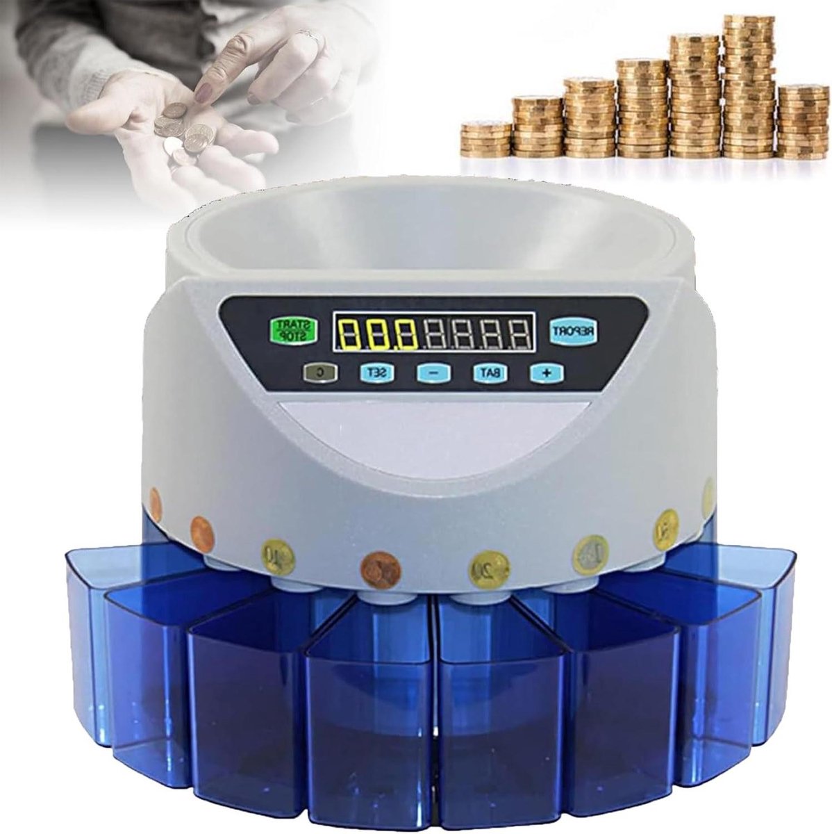 Muntteller Elektrisch - Automatische Tellers - Geld Sorteren - LED Display - Alle Ronde Munten - Blauw