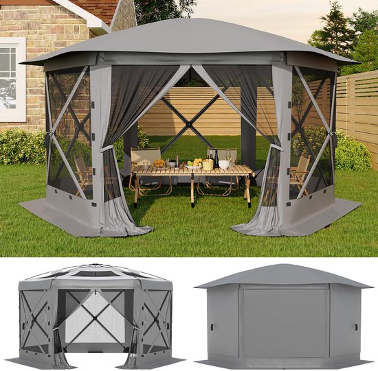 Triumpunpre Pop-up Tuinpaviljoen Zeshoekig 3,6x3,6m - Opvouwbare Partytent Gazebo met 6 Afneembare Zijwanden & Muggengaas - 210D Polyester Waterafstotend UV-Beschermd - Inclusief Opbergtas - Grijs — afbeelding 4