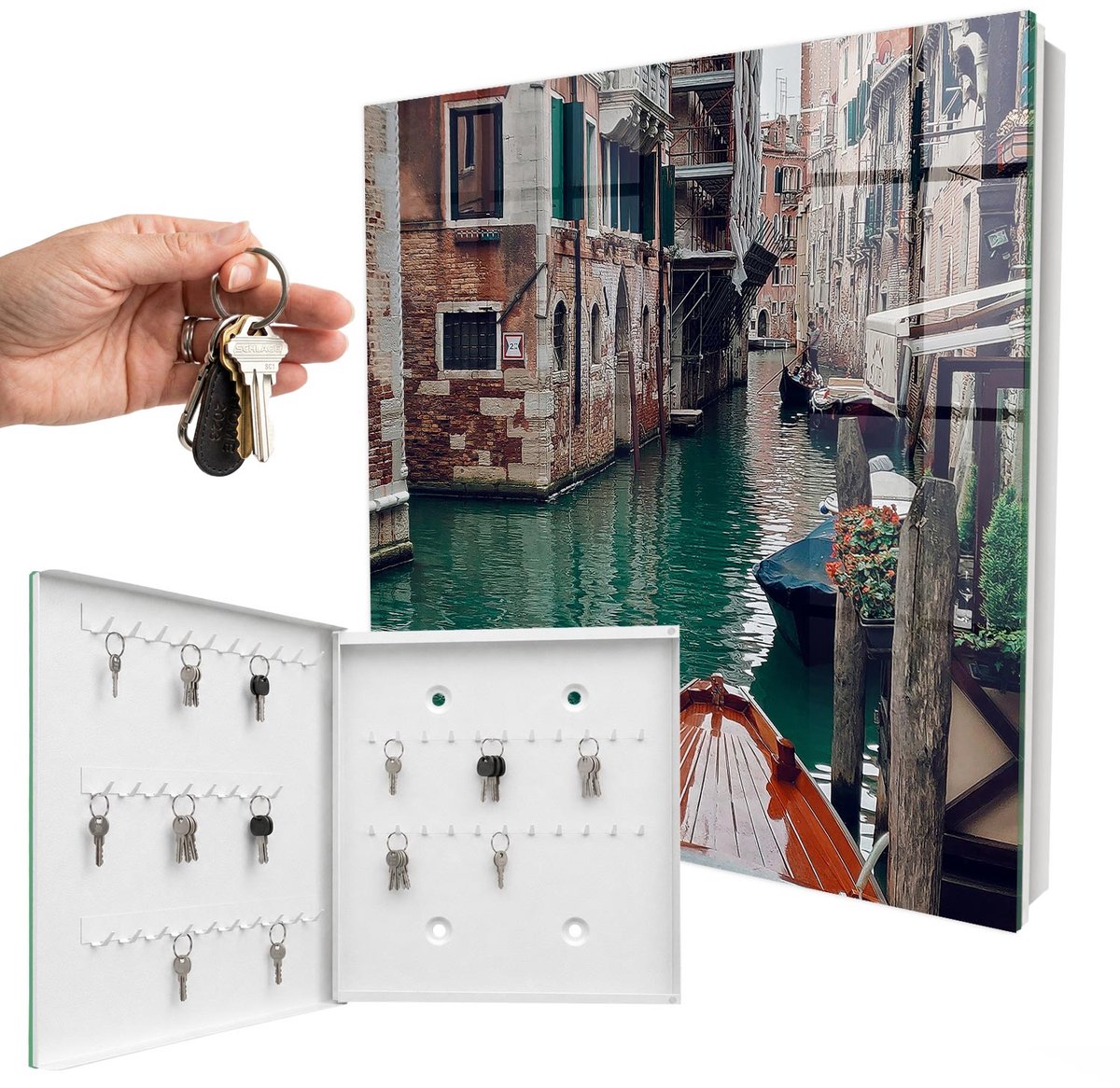 WallMuralia - Sleutelkast - 30x30x5 cm - met 50 haken - Romantisch Venetië Sleutelkastje Muur - Bruin Sleutelbox - Linksopenend - Wit interieur
