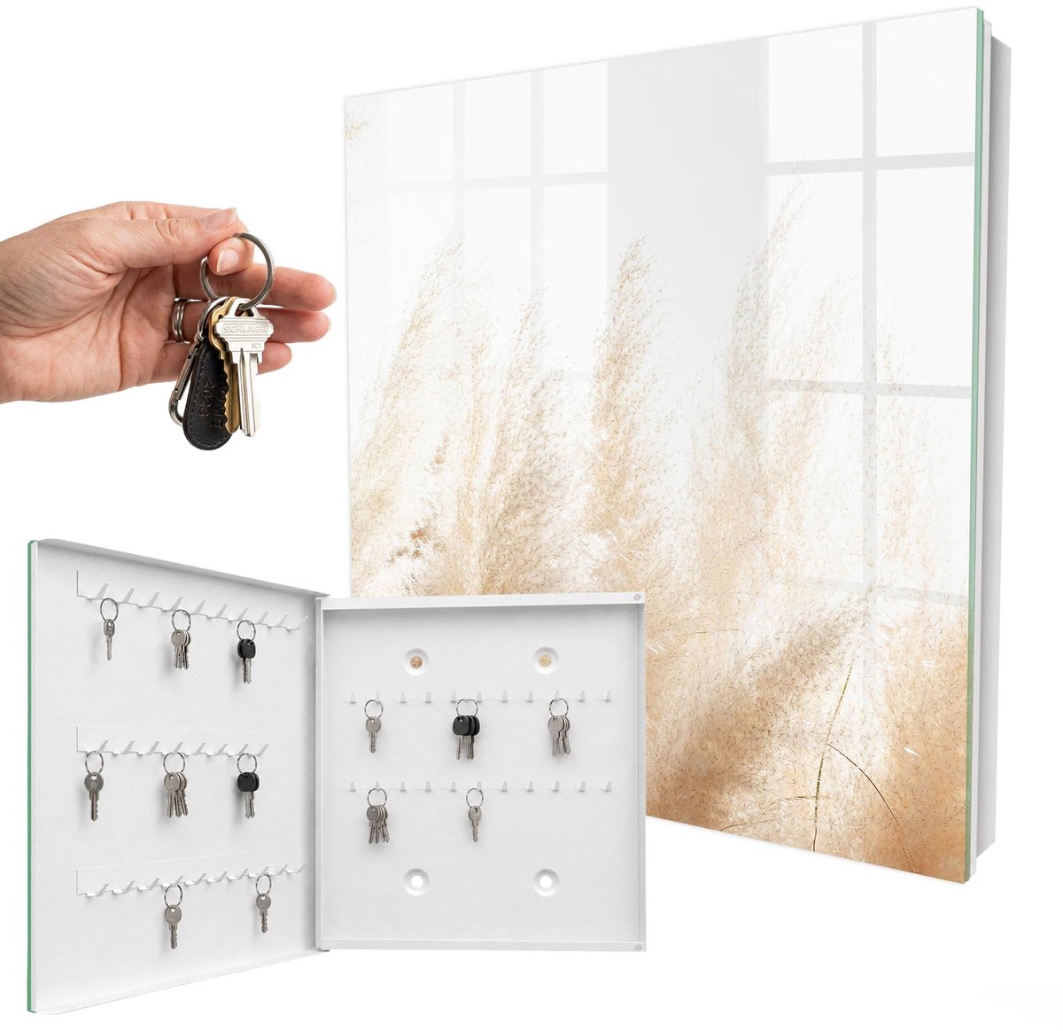 WallMuralia - Sleutelkast - 30x30x5 cm - met 50 haken - Rustgevende Natuur Sleutelkastje Modern - Romig Sleutelbox - Linksopenend - Wit interieur