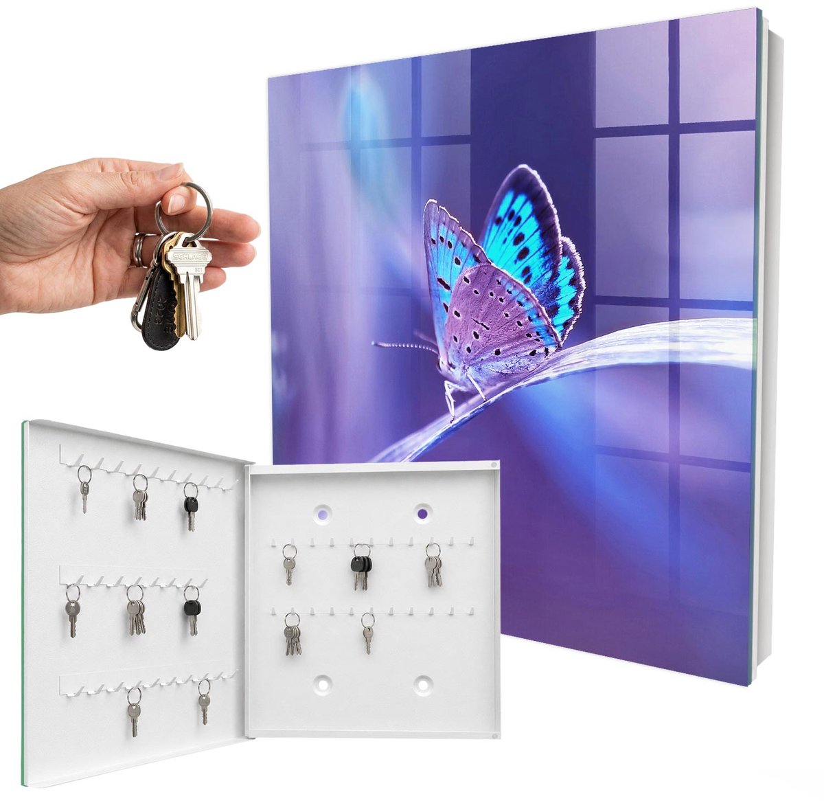 WallMuralia - Sleutelkast - 30x30x5 cm - met 50 haken - Kleurrijke Vlinder Sleutelkastje Muur - Paars Sleutelbox - Linksopenend - Wit interieur