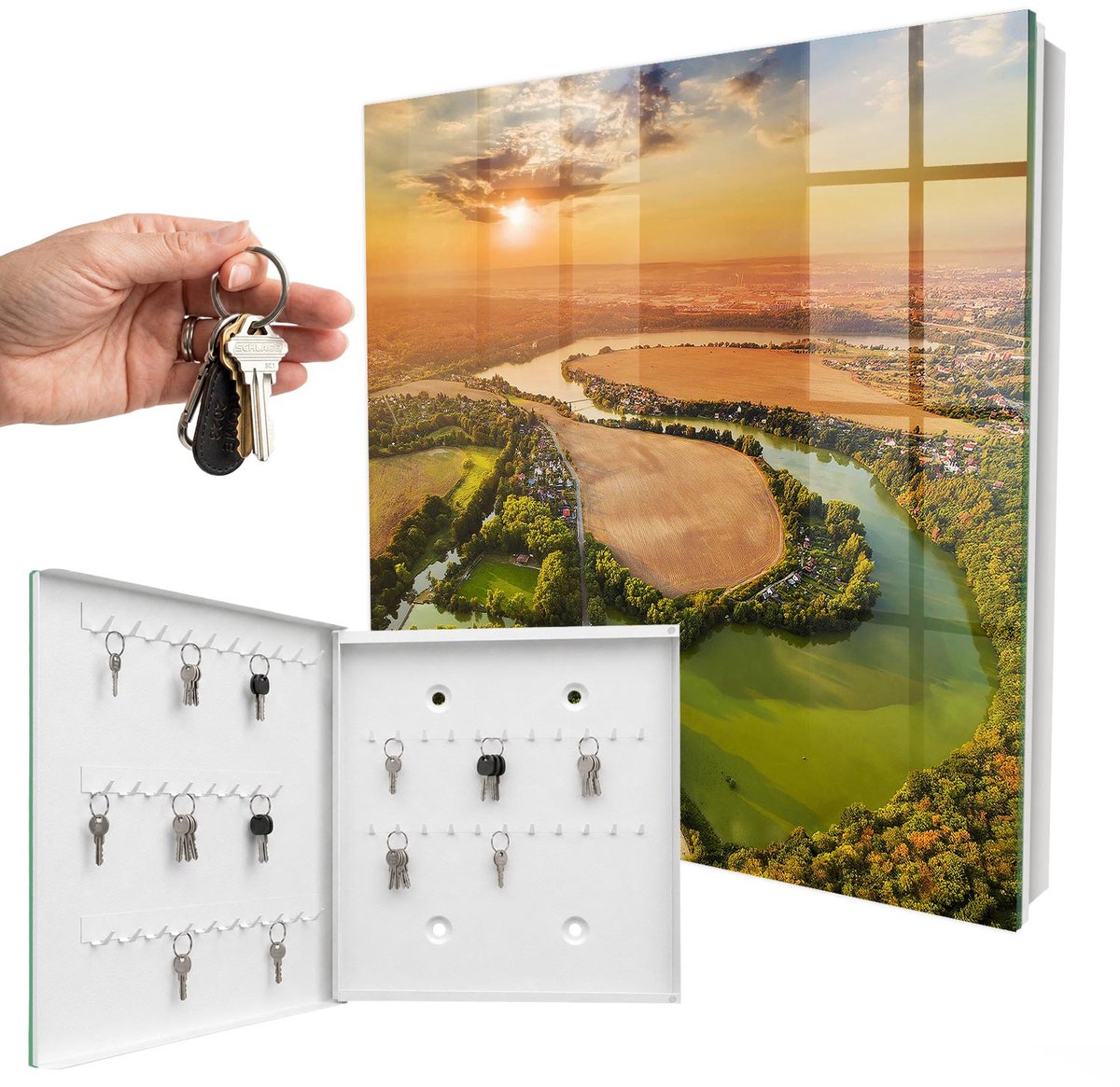 WallMuralia - Sleutelkast - 30x30x5 cm - met 50 haken - Natuurlandschap Sleutelkastje Huis - Groente Sleutelbox - Linksopenend - Wit interieur