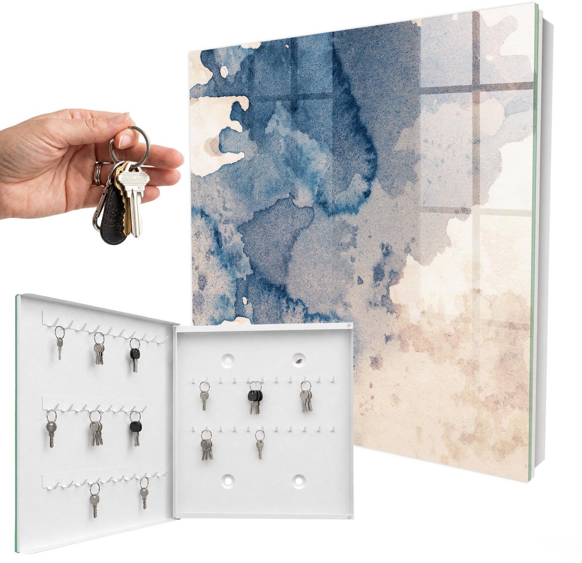 WallMuralia - Sleutelkast - 30x30x5 cm - met 50 haken - Aquarelvlekken Leuk Sleutelkastje - Blauw Sleutelbox - Linksopenend - Wit interieur