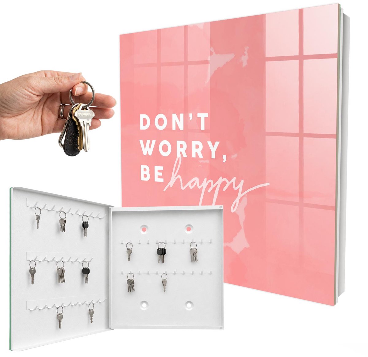 WallMuralia - Sleutelkast - 30x30x5 cm - met 50 haken - Positieve Inspiratie Leuk Sleutelkastje - Roze Sleutelbox - Linksopenend - Wit interieur