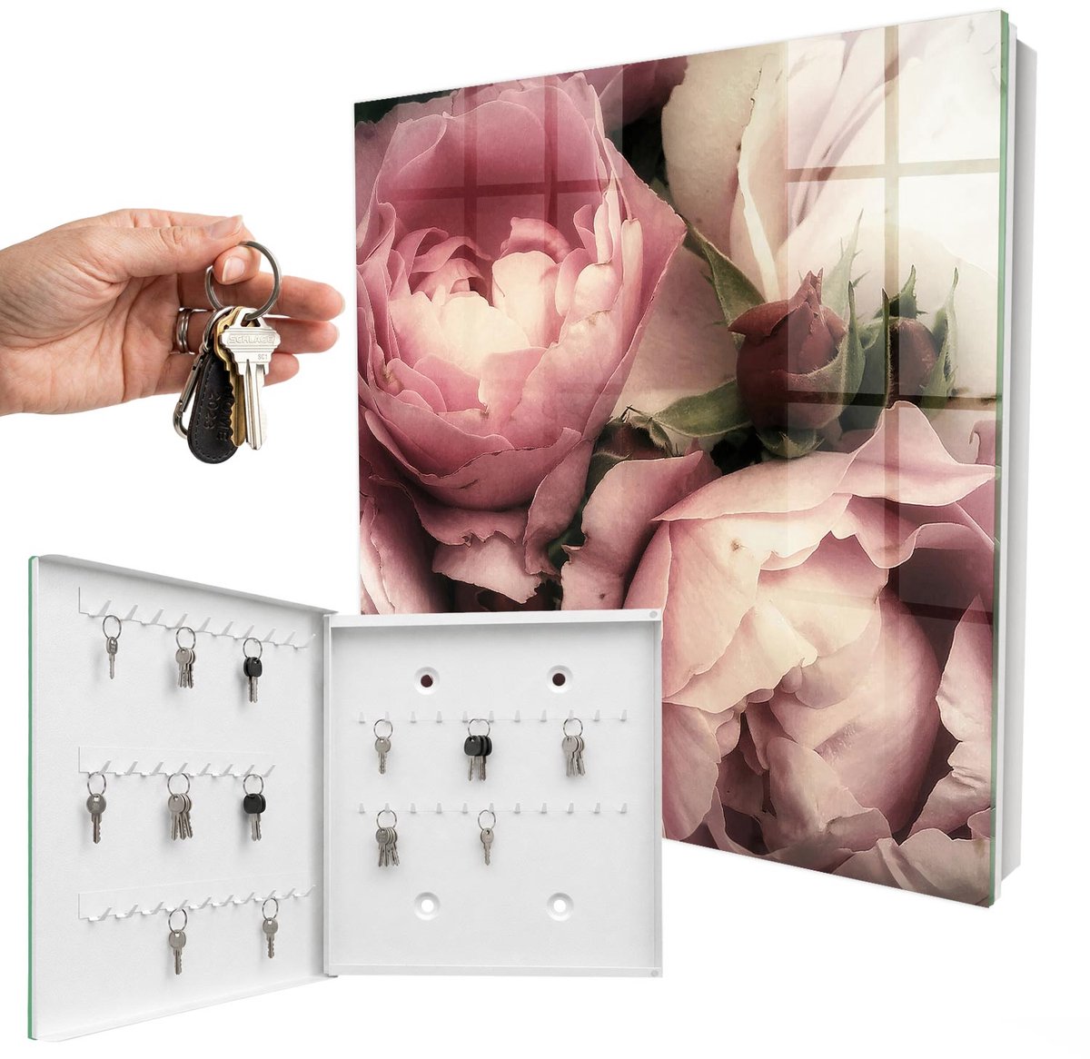 WallMuralia - Sleutelkast - 30x30x5 cm - met 50 haken - Rozen Schoonheid Sleutelkastje Huis - Roze Sleutelbox - Linksopenend - Wit interieur