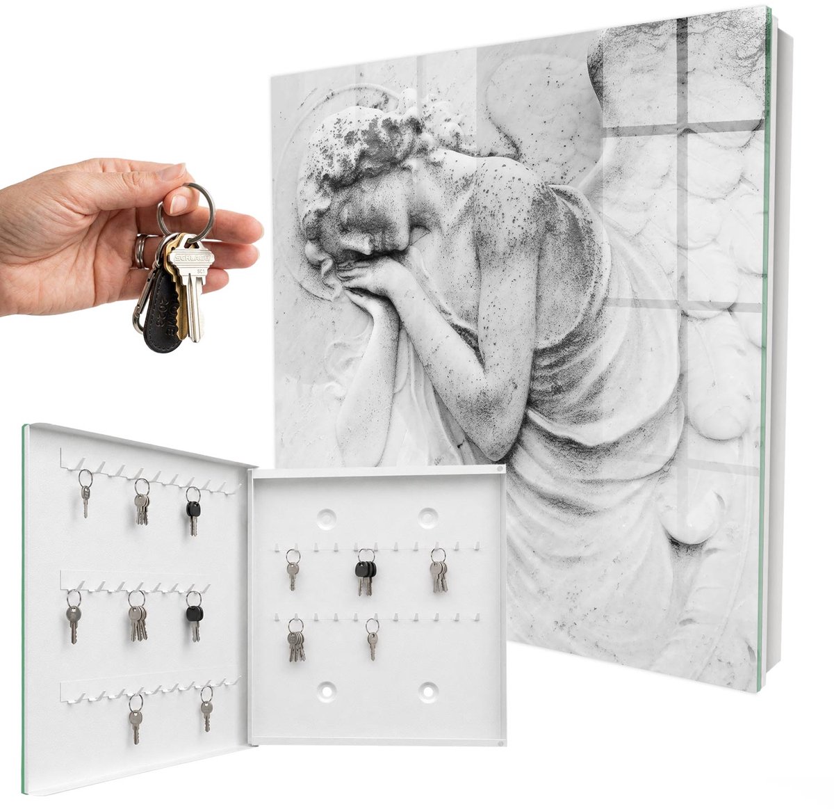 WallMuralia - Sleutelkast - 30x30x5 cm - met 50 haken - Engelenverlichting Sleutelkastje Muur - Wit Sleutelbox - Linksopenend - Wit interieur
