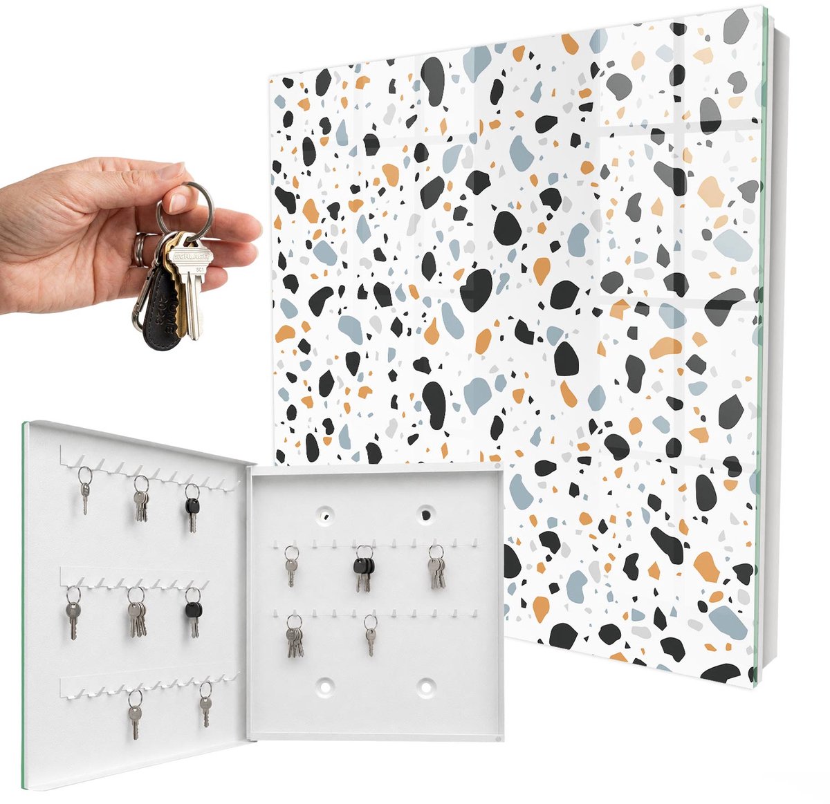 WallMuralia - Sleutelkast - 30x30x5 cm - met 50 haken - Terrazzo-Patroon Sleutelkastje Muur - Zwart Sleutelbox - Linksopenend - Wit interieur
