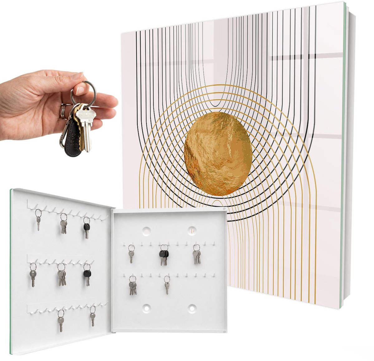 WallMuralia - Sleutelkast - 30x30x5 cm - met 50 haken - Cirkels En Lijnen Leuk Sleutelkastje - Geel Sleutelbox - Linksopenend - Wit interieur
