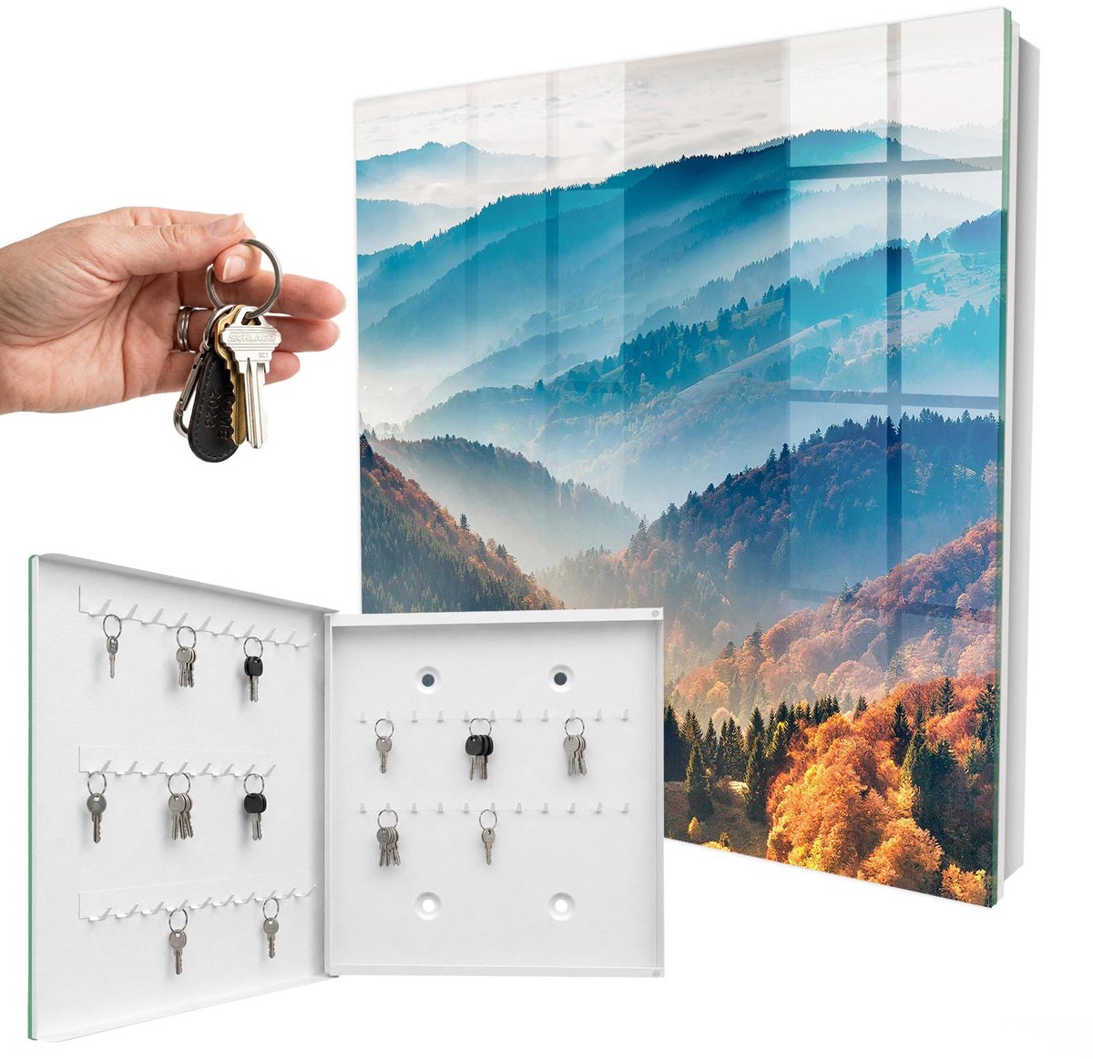 WallMuralia - Sleutelkast - 30x30x5 cm - met 50 haken - Berglandschap Sleutelkastje Industrieel - Blauw Sleutelbox - Linksopenend - Wit interieur