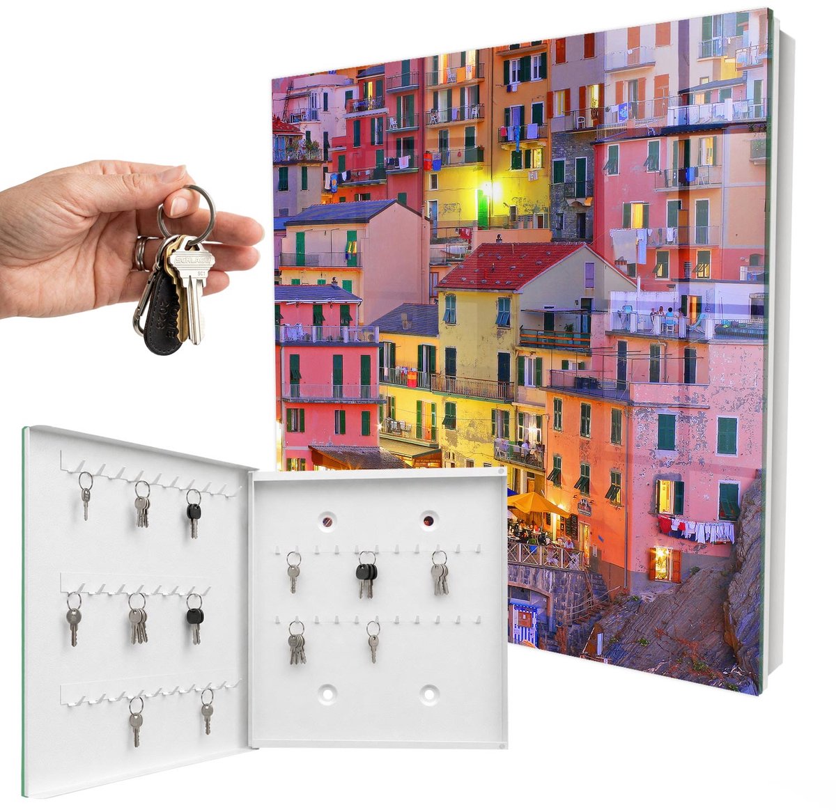 WallMuralia - Sleutelkast - 30x30x5 cm - met 50 haken - Kleuren Van De Stad Sleutelkastje Design - Geel Sleutelbox - Linksopenend - Wit interieur