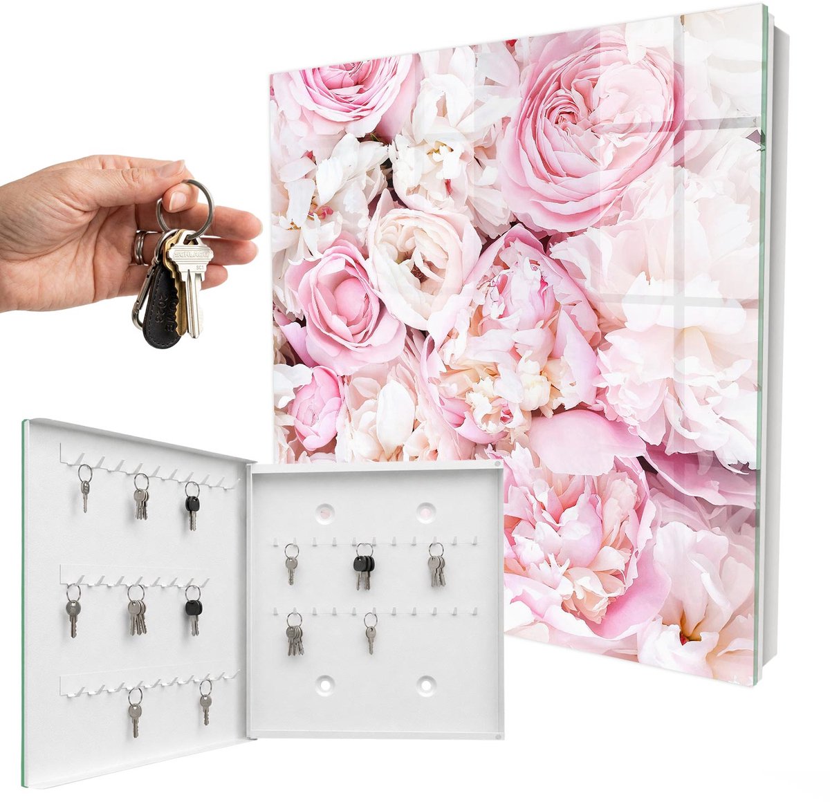 WallMuralia - Sleutelkast - 30x30x5 cm - met 50 haken - Pastelkleurige Bloemen Sleutelkastje Design - Roze Sleutelbox - Linksopenend - Wit interieur