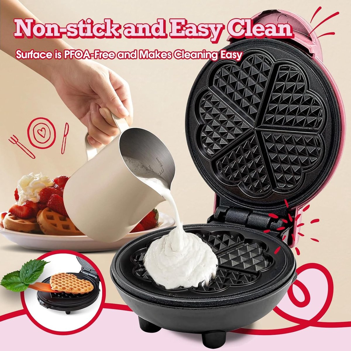 Kleine Wafelijzer voor Hartvormige Wafels, Ideaal voor Kinderen en Gezinnen, Anti-aanbak en Snelle Verhitting, Perfect voor Keto Dieet en Mini Wafels