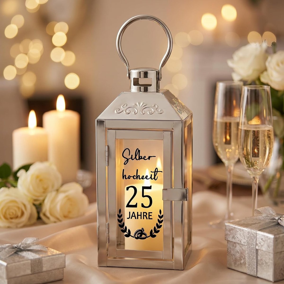 Trouwlantaarn met Metalen Gravure en 2 m LED Verlichting voor Buiten en Tafeldecoratie, Perfect Cadeau voor Jubileum en Huwelijksfeest