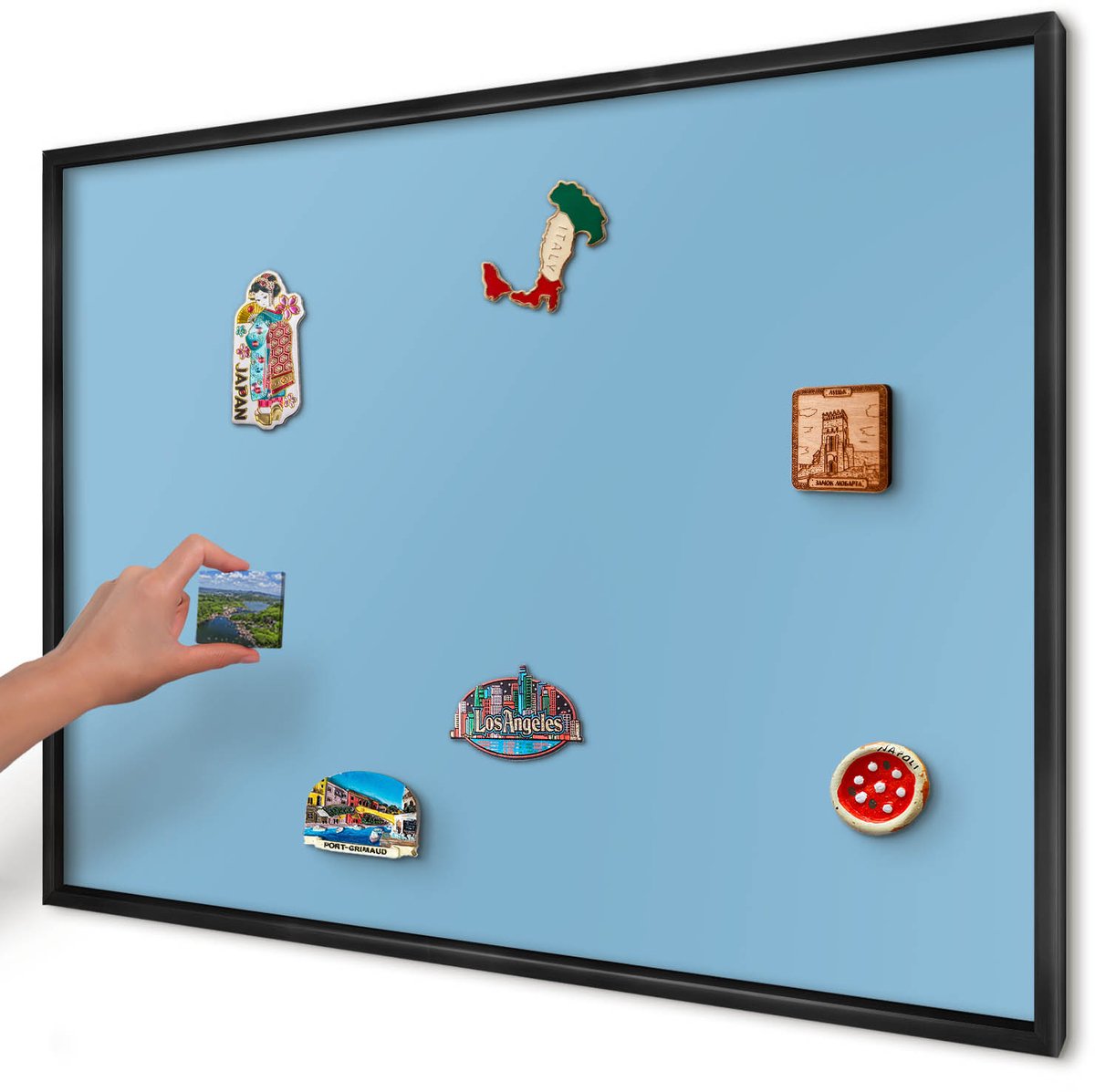 Artprintcave Blauw Magneetbord mit Zwart Frame - 100x70 cm - Blauwe Kleur Magnetisch Bord - Minimalist Magneet Bord mit Frame - Achtergronden En Patronen