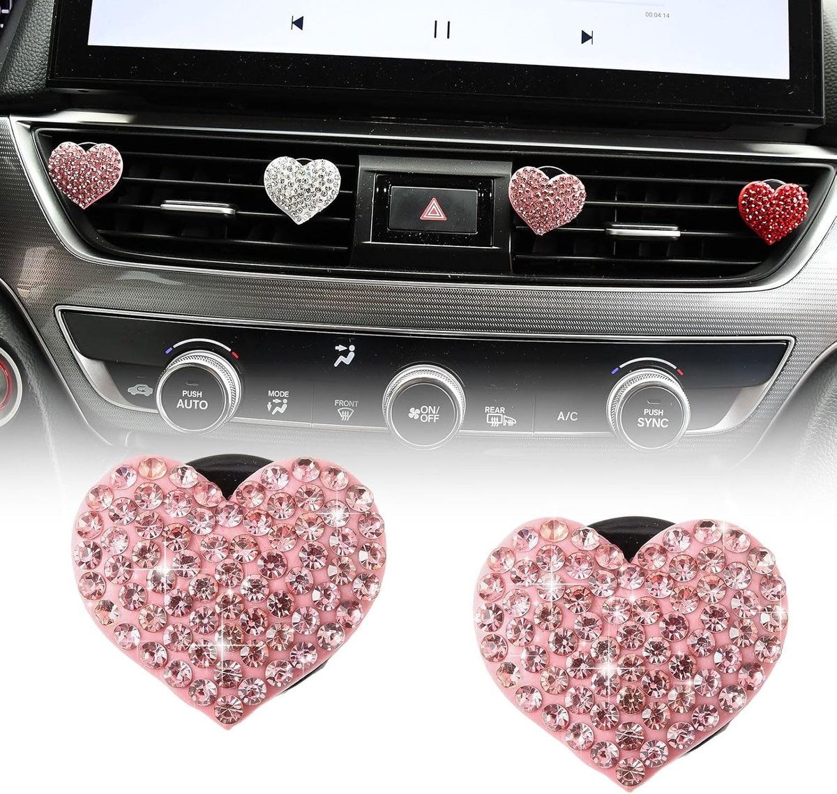 SnelShoppen - 2 Stuks Auto Diffuser Hartvormig met Strass, Bling Bling Luchtverfrisser Clip voor Ventilatie, Glitter Auto Decoratie, Roze voor Dames e