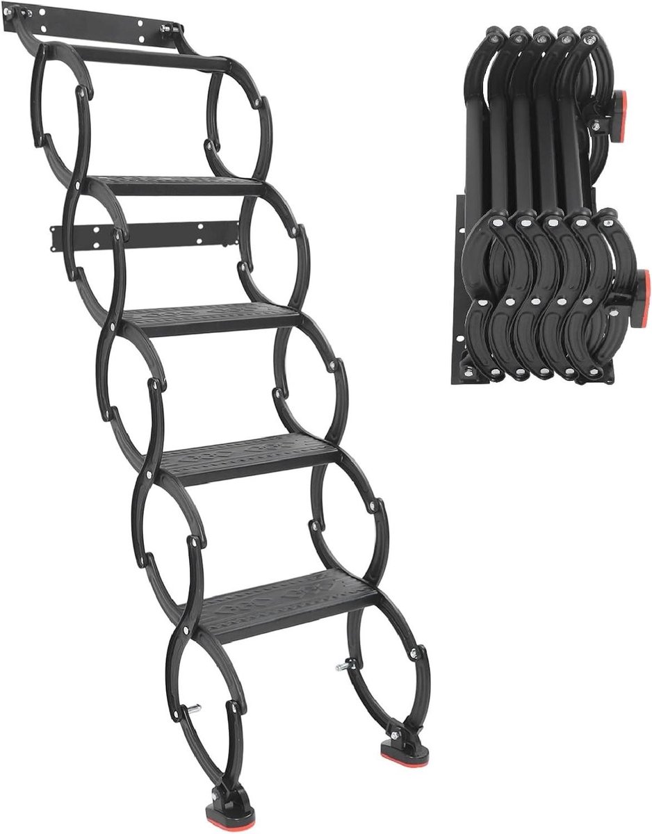 Zoldertrap 5 treden - Vouwtrap uittrekbaar - Veilige toegang - Antislip treden - 200 kg draagkracht - Zwart