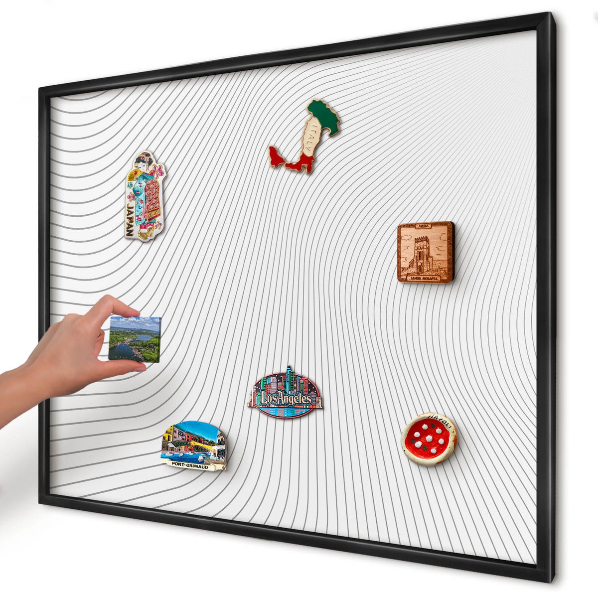 Artprintcave Wit Magneetbord mit Zwart Frame - 80x60 cm - Lijngolven Bord Voor Magneten - Minimalist Magneetbord Voor Foto's - Geometrie