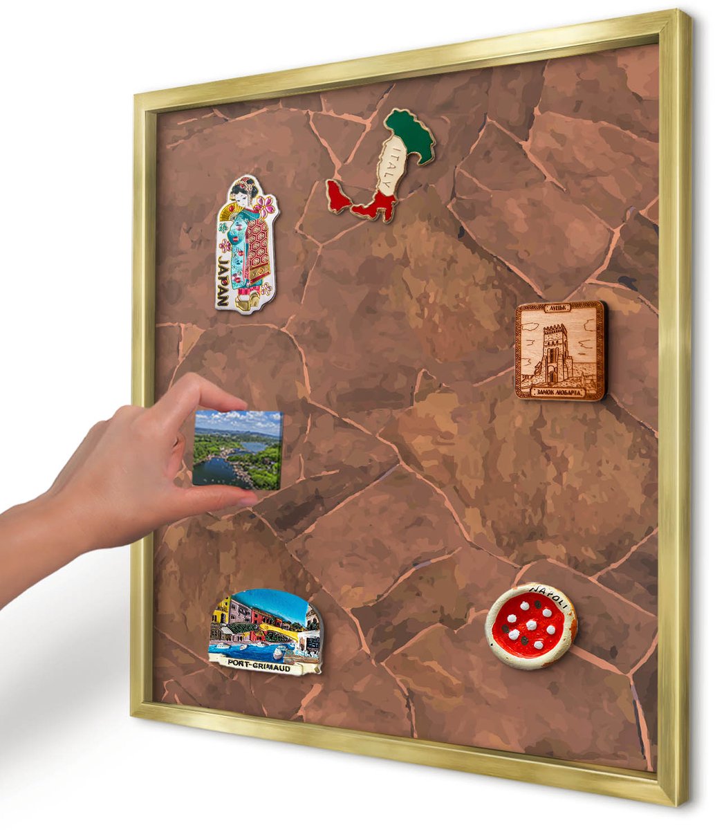 Artprintcave Bruin Magneetbord mit Gouden Frame - 50x50 cm - Stenen Constructie Wandbord Magnetisch - Rustiek Magnetische Organizer - Texturen