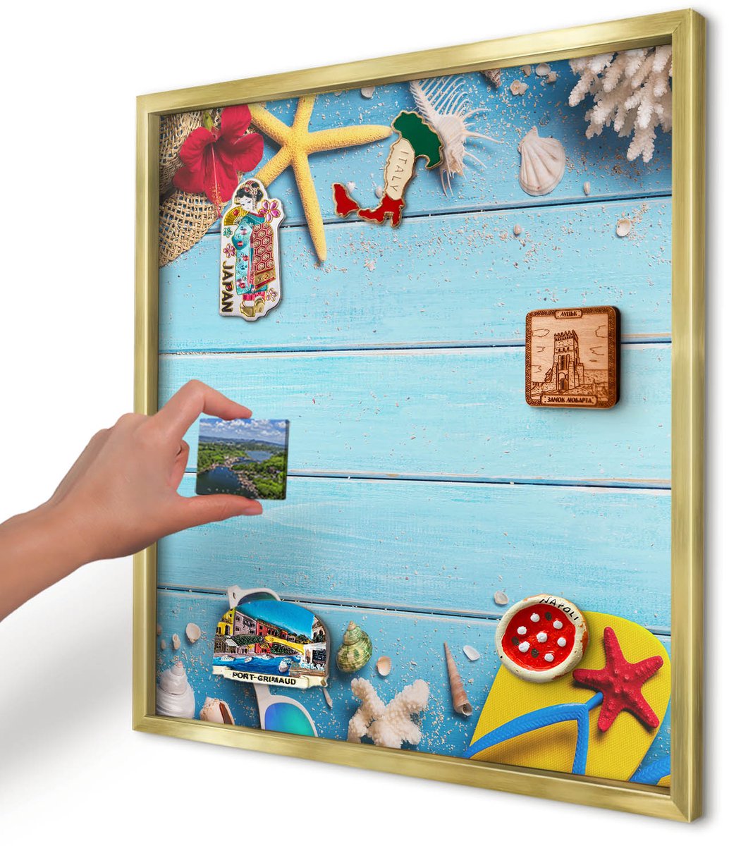 Artprintcave Blauw Magneetbord mit Gouden Frame - 50x50 cm - Vakantiestrand Magneetbord Voor Foto's - Minimalist Magneetbord Voor Keuken - Natuur