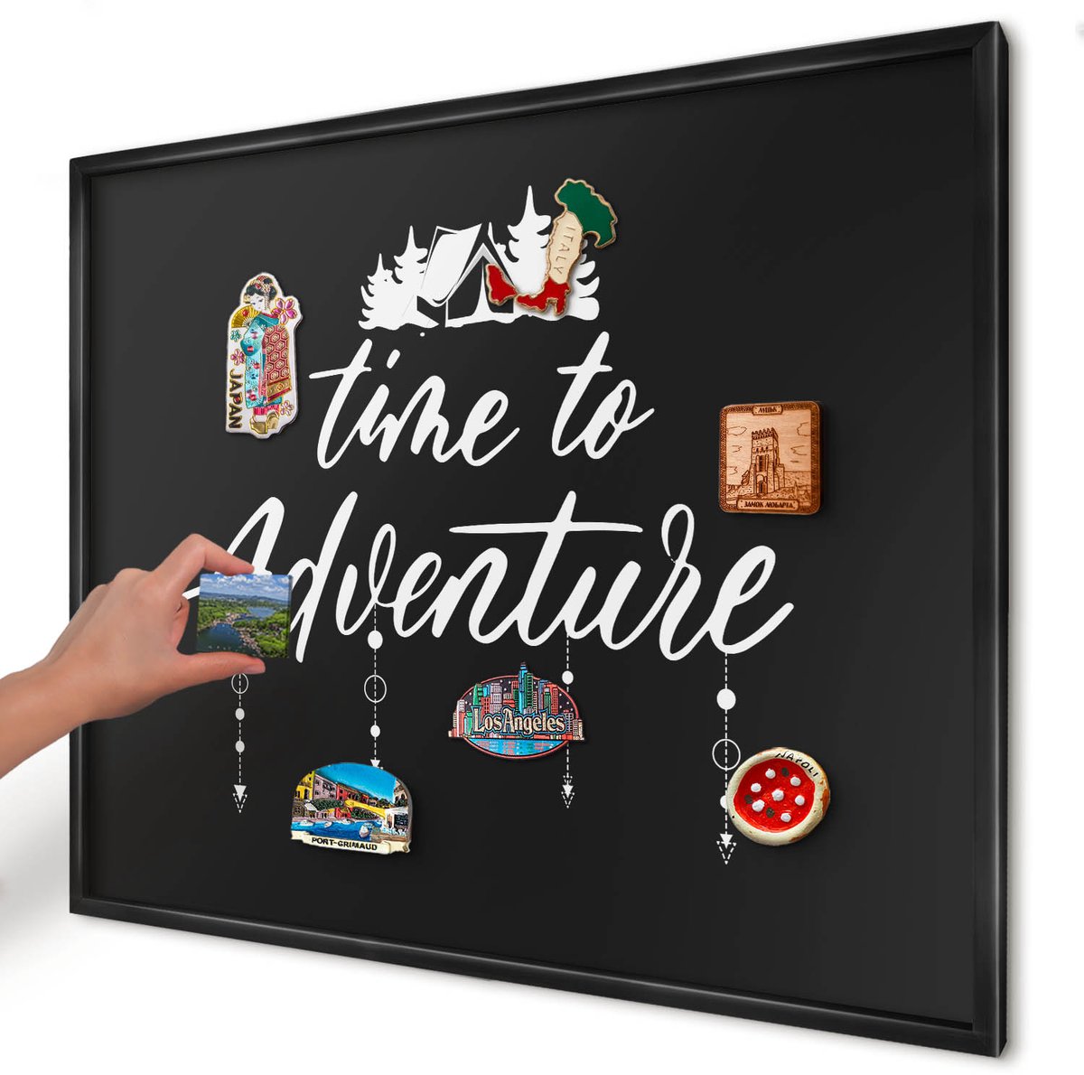 Artprintcave Zwart Magneetbord mit Zwart Frame - 80x60 cm - Avontuur Wacht. Magneetbord Voor Foto's - Modern Notitiebord - Teksten
