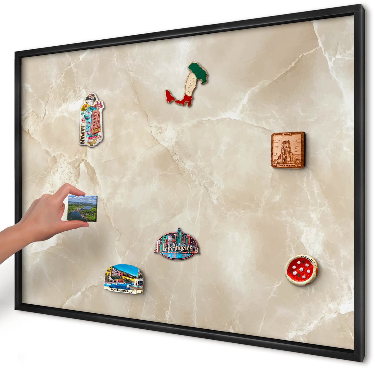 Artprintcave Beige Magneetbord mit Zwart Frame - 100x70 cm - Marmerpatroon Bord Voor Magneten - Minimalist Wandbord Magnetisch - Achtergronden En Patronen