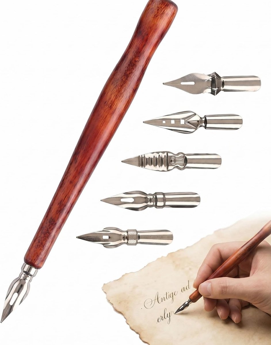 Kalligrafieset in vintage retro stijl – Vulpen met 5 veren voor kunstenaars, beginners, elegant schrijven en creatief tekenen.
