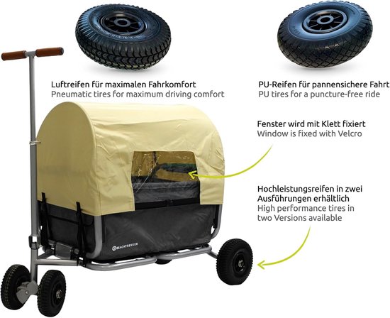 SnelShoppen - Beachtrekker Vouwbare Handkar met Rem + Zonnenscherm (Zwart, Luchtbanden) voor Camping, Strand, Tuin en Kinderen van Snelshoppen — afbeelding 2