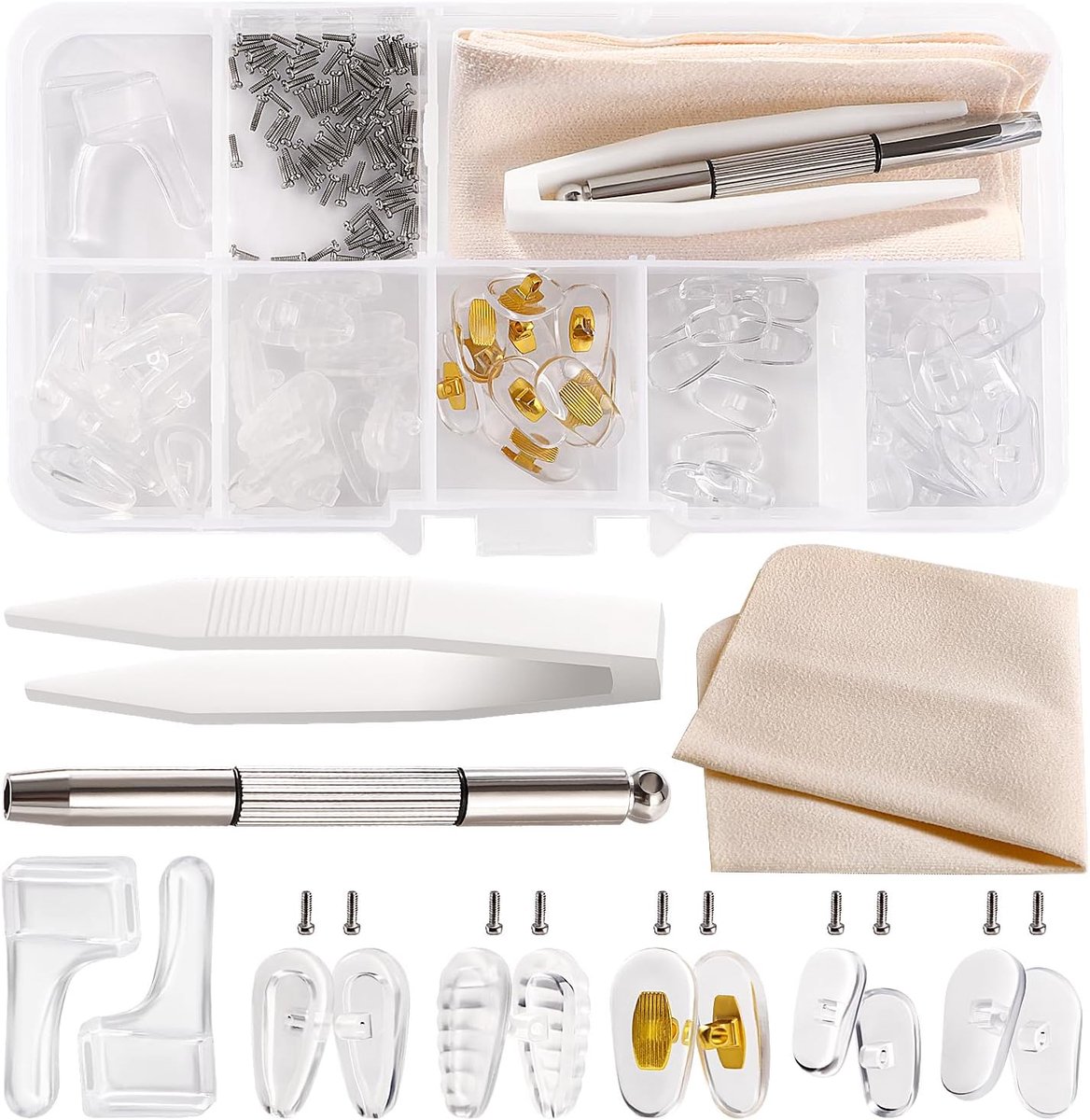 30 Paar Bril Neuspads Set, Siliconen Opschroefbare Bril Neuspads, Neuspads Brilreparatieset, met Schroeven, Schroevendraaiers, Pincet, Schoonmaakdoekje, voor Brillen, Zonnebrillen, Nr. 11