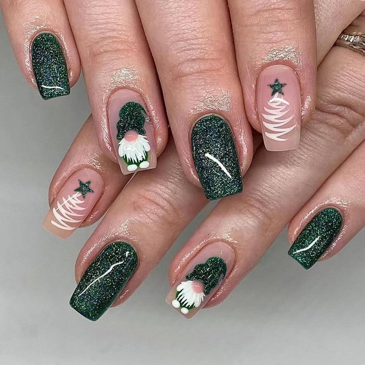24 stuks kunstnagels, donkergroen, glitter, press-on nagels
